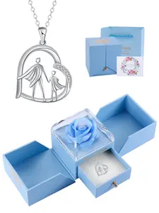 Super Dad Daughter Heart Pendant Necklace with Rose Jewelry Gift Box, Perfect Christmas Birthday Present for Father & Daughter