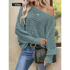 Women’s plain asymmetrical-neck knitted batwing-sleeve sweater, casual long-sleeve jumper for daily wear, ladies’ knitwear for all seasons