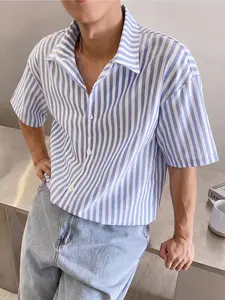 Men's Blue Striped Short Sleeve Shirt, Casual College Classic Style, Loose Fit, Open Collar Button Down, Lightweight Summer Top