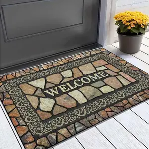 Retro Door Mat Stone Design Welcome Doormat Non Slip Rubber Back Water Absorb Decorative Home Floor Mat Low Profile Easy Clean Rug for Outdoor Indoor Entrance Porch Farmhouse Decor
