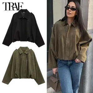 TRAFZipBomberJacketsforWomenSuedeVarsityJacketsWomensCoatsOversizeJacketWomanOuterwearsSoftCasualWomen'sJacket