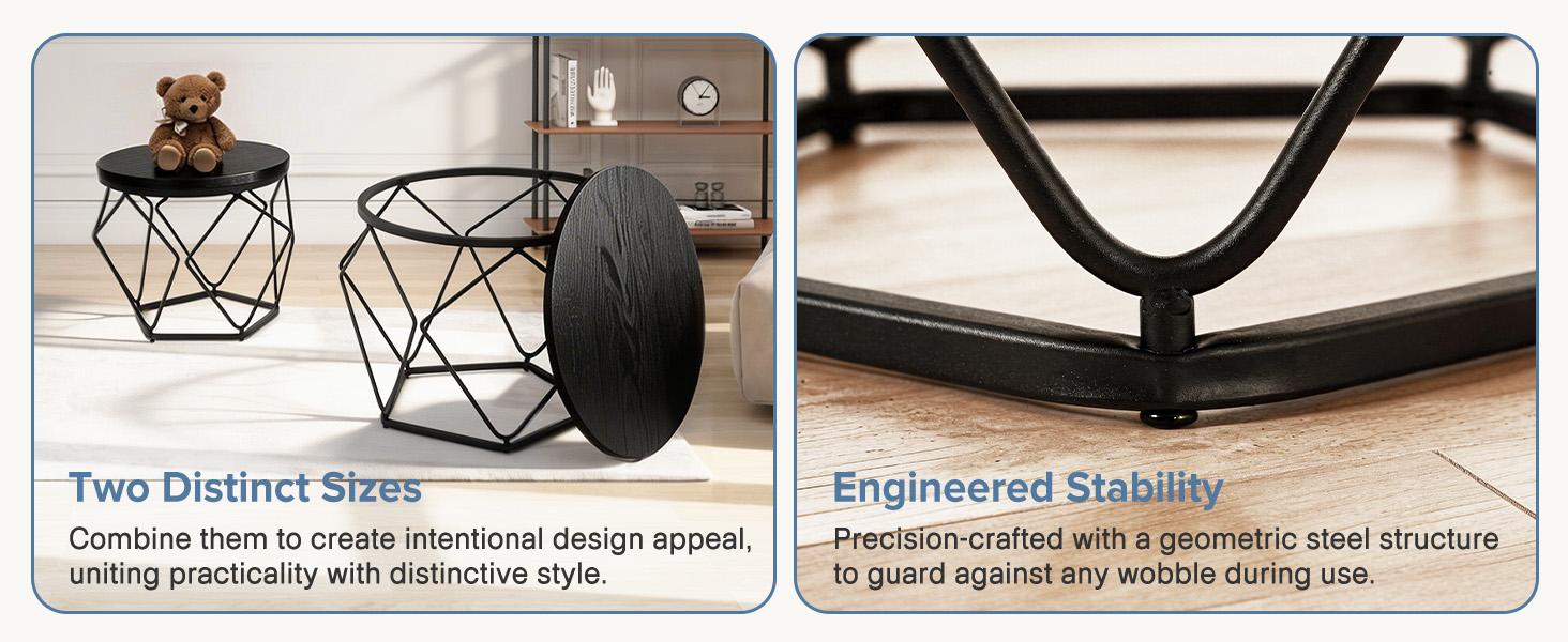 2-Piece Small Round Nesting Coffee Table Set with Steel Frame - Side End Table for Living Room, Bedroom