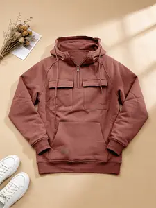 Men's casual clothing featuring a quarter-zip design, loose fit, and machine-washable sports hoodie with multiple pockets, suitable for casual sports and outdoor fitness activities, in long-sleeved style for men.