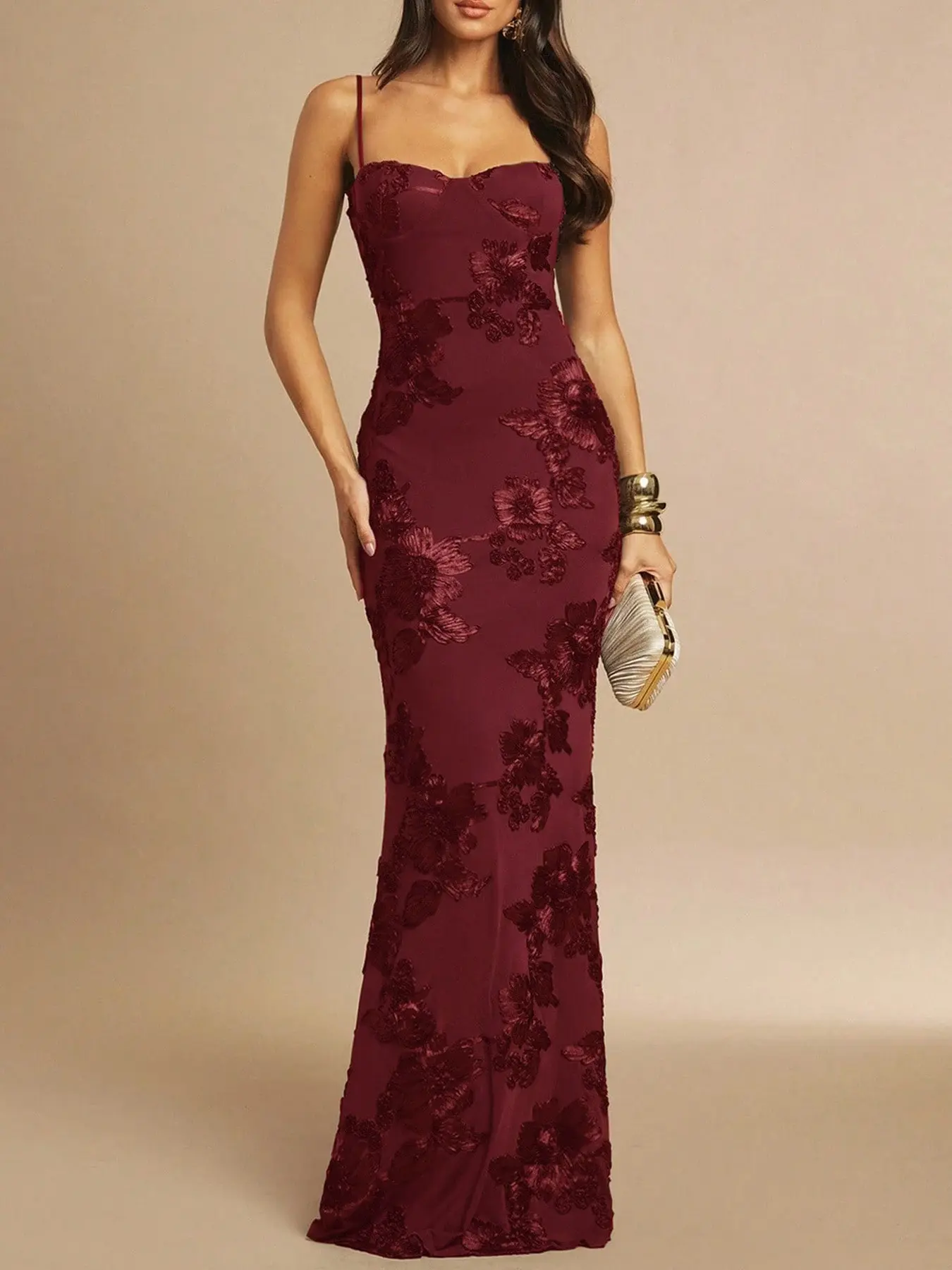 2026 New Women's One-Shoulder Sleeveless Spaghetti Strap Embroidered Floral Mesh Dress, Elegant Fish Tail Floor-Length Gown, Wedding Party Evening Formal Wear