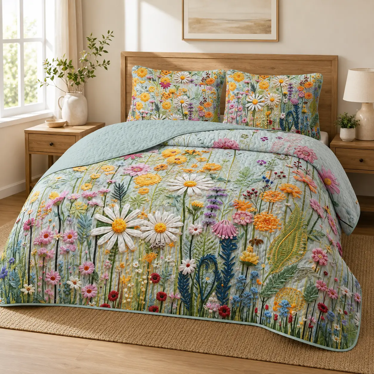 3-Piece 3D Cosmos Floral Quilt Set Queen Size, 90" x 90" Reversible Printed Bedspread with 2 Standard Pillow Shams, Pink Purple Flower Coverlet for Bedroom Decor