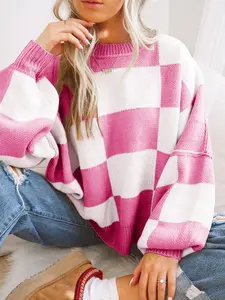 Women's Plaid Bishop Sleeve Sweater, Casual Fall & Winter Knitwear, Long Sleeve Drop Shoulder Pullover, Fashionable Ladies' Top