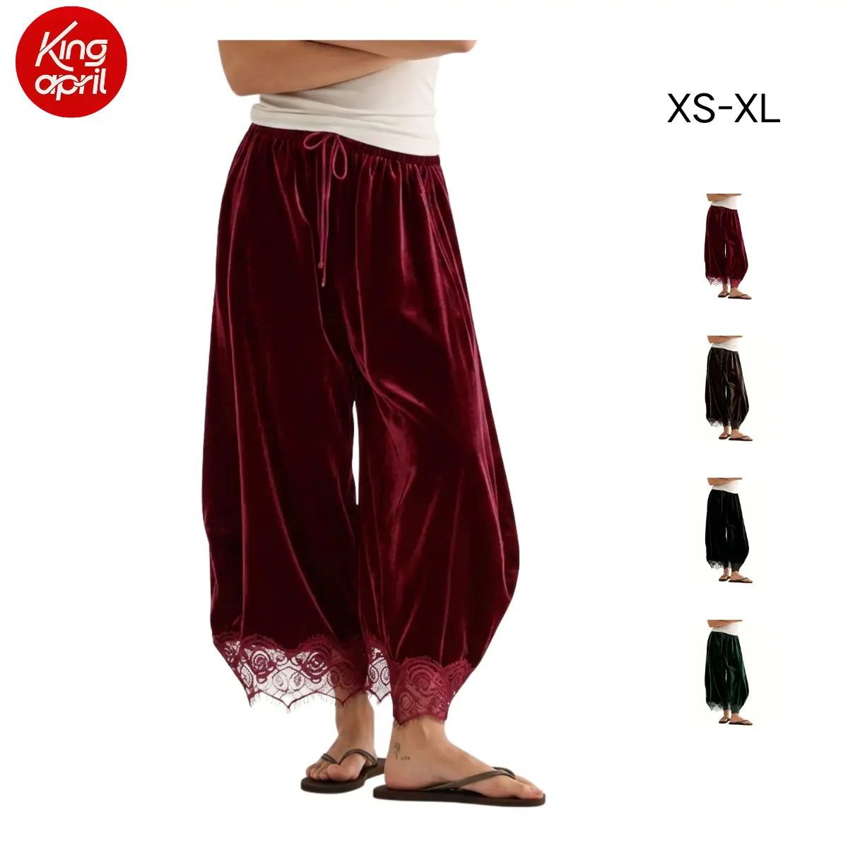 Kingapril Lace Velvet Pants | 2026 Fall Fashion Pants | Drawstring High Waist Wide Leg Pants | Lightweight Casual Trousers | Elastic Waist Styling Pants | Loose Comfortable Lounge Pants