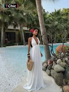 Elegant Deep V Backless Long Maxi Dress, Pure Color Halter Neck Design, Stylish Tie-Back Detail, Perfect for Special Occasions