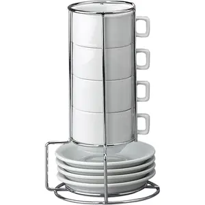 Stackable Espresso Coffee Set, Fine Porcelain, 9- Set, 4-Ounce Service for 4 Plus Storage Stand
