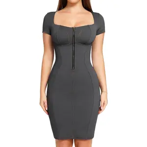 Popilush Denim Square Neck Shapewear Midi Dress