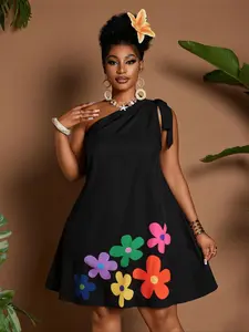 Plus Size Women's One Shoulder Sleeveless Summer Floral Dress, Casual Loose-Fitting Design, Perfect for Hot Weather, Stylish and Comfortable