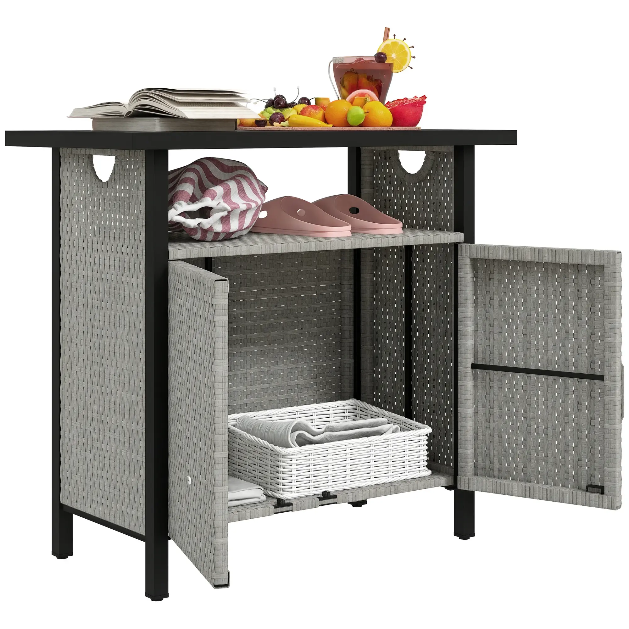Outsunny Outdoor Pool Towel Storage Cabinet Organizer, Outdoor Bar Table with Shelf and Cabinet, Pool Towel Holder Pool Valet with Weather-Resistant PE Rattan and Steel Frame, Gray