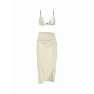 Cider V-neck Solid Triangle Bikini Set With Sarong