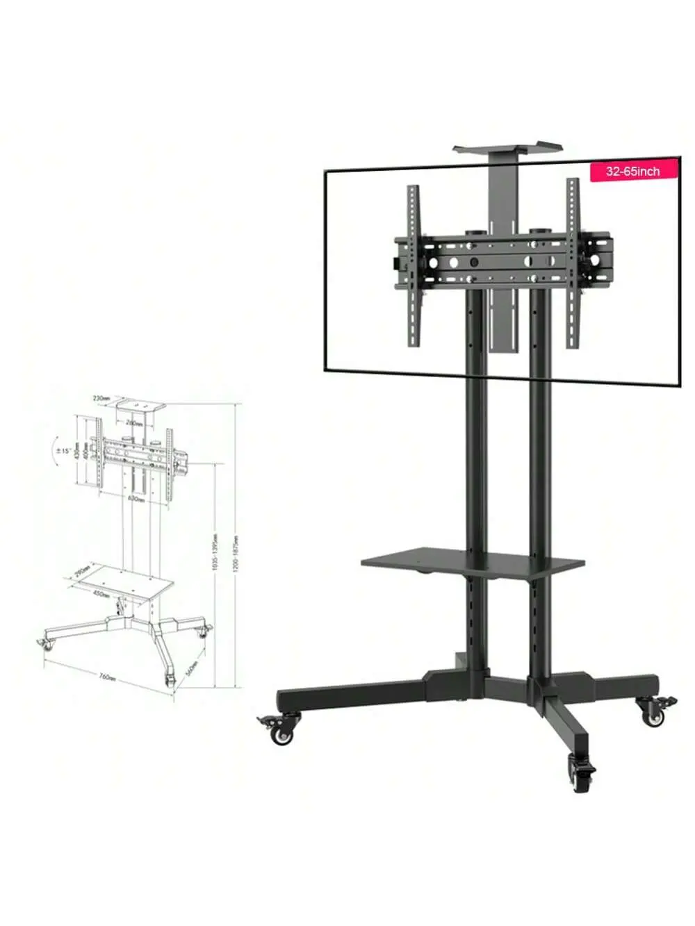 Mobile TV Stand On Wheels For 32-65 Inch TVs, -15°~+15 Tilt Rolling TV Cart Height - Adjustable Holds Up To 110 Lbs, TV Stand With Shelf/Tray For Home Office