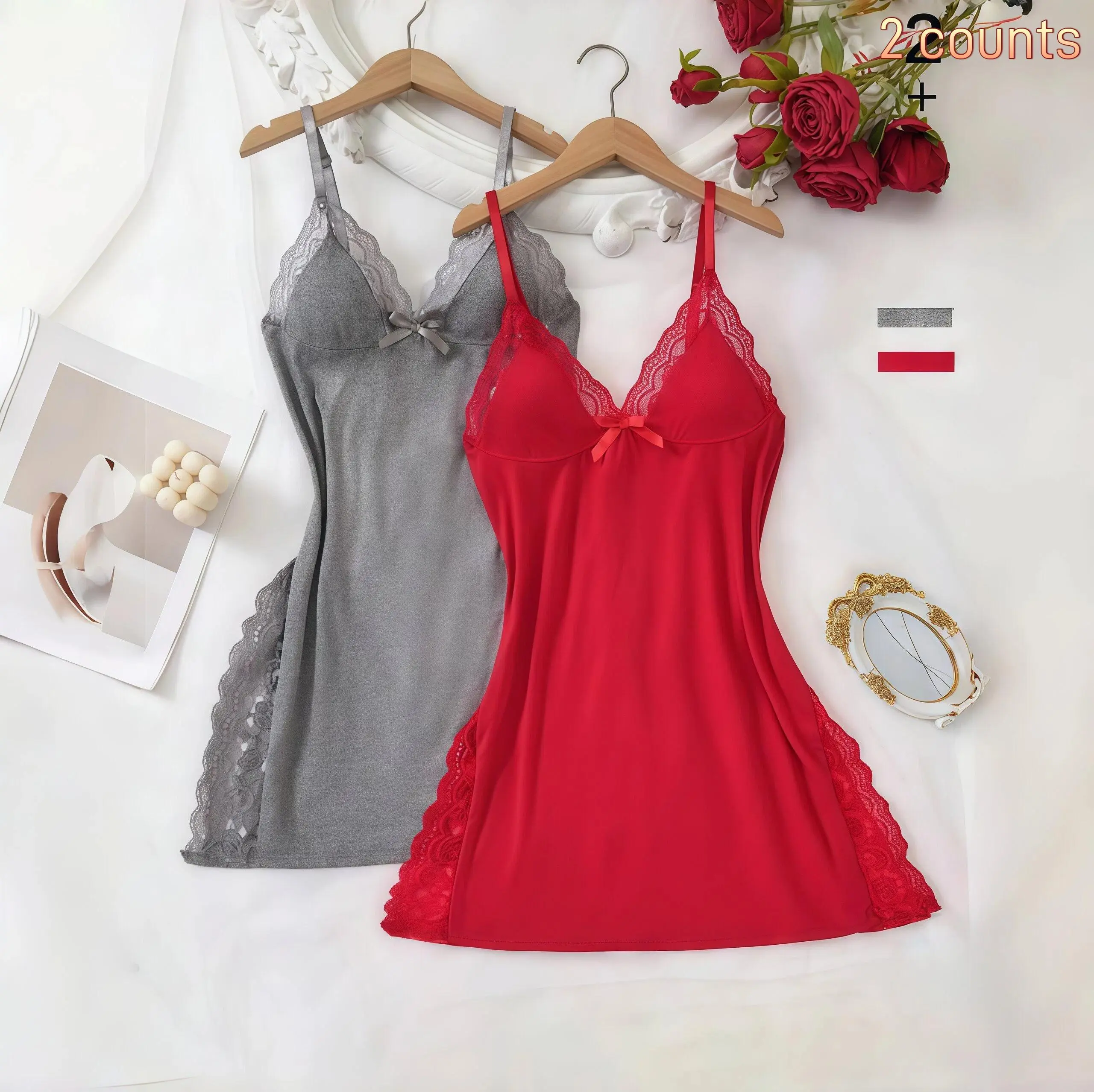 Women's 2-Piece Modal Night Gown Set - Elegant Plain Chemise & Robe with V-Neck, Lace Trim, Adjustable Straps, Side Slits, Sleeveless, Chic Fit Nightwear, Comfortable Pj Sets for Women, Cute Yet Sexy Everyday Wear Lingerie, Cute Yet Sexy Night Look