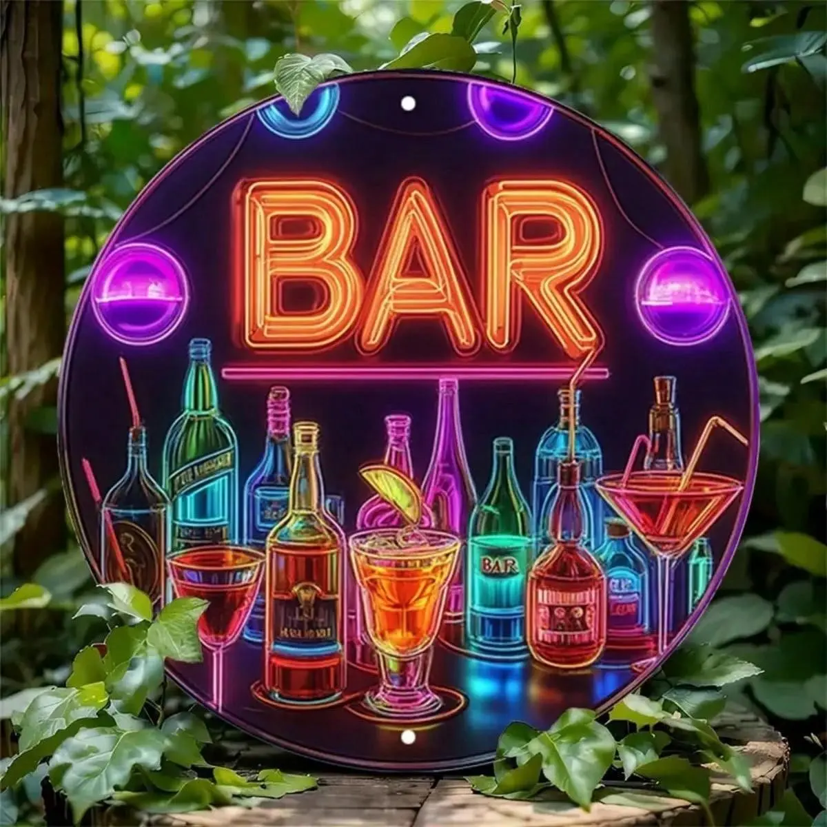 1pc Bar Metal Sign, Vintage Flat Metal Round Poster With Colorful Drink Bottles And Wine Glasses, Art Bar Wall Decor, Suitable For Bar, Cafe, Beach House, Backyard, Size 19.81 X 19.81 Cm, Random Hole Position