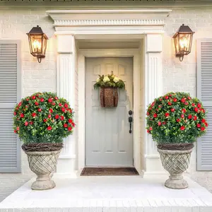 Set of 2 Artificial Topiary Ball Trees with Metal Stakes, UV-Resistant PE Fake Plants with Rose Flowers for Indoor/Outdoor Decor
