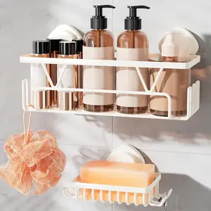 Suction Cup Shower Caddy, 2 Pack Shower Suction Shelf with Soap Holder & Hooks, No Drilling Bathroom Organizer, Shampoo Holder for Bathroom Storage Basket, Cream White