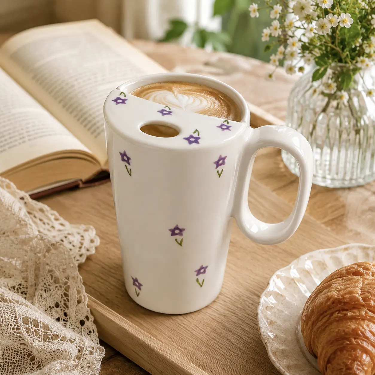 Purple Flower Handle Mug 12oz Ceramic Coffee Cup Handmade with Lid Microwave and Dishwasher Safe Reusable Perfect Gift for Coffee Lovers Great for Mother's Day   11