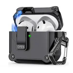 Portable Earphone Case, Secure Lock Design Earphone Protective Cover with Keychain, Drop-resistant Automatic Snap Switch Design Earphone Cover Compatible with AirPods 4th Gen, Headphone Pouch, Earbuds, Headphone Storage