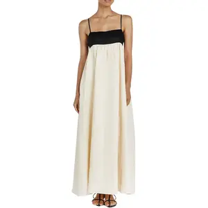 Chouyatou Women's Summer Color-Blocking Linen Dress Thin Straps Flowy Beach A-line Casual Long Dress