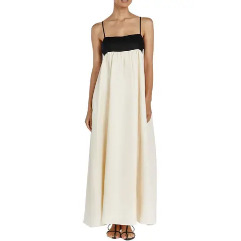 Chouyatou Women's Feminine Style Summer Color-Blocking Breathable Linen Dress - Thin Straps, Flowy A-Line Casual Long Dress for Lady Casual Wear, Beach Use, Sleeveless, Comfortable, Lightweight, Everyday, Fashion Apparel, Beach Outfits, Sun Dress