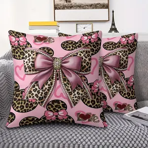 Y2K Girly Graphic Throw Pillow with Inner Cushion, 45cm Square Design, Eye-Catching Leopard Print Bow & Mouse Head Motifs, Digital Printed Pink Aesthetic Pillow, Perfect Soft Decor for Trendy Home & Sofa