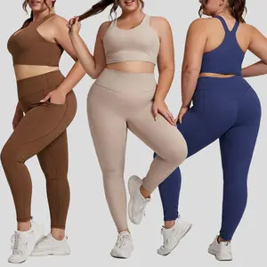 Nude-feel women's plus-size yoga outfit set, high-end tight-fitting sportswear two-piece set with pockets, fitness outfit set, shockproof underwear, M-shaped butt-lifting design that stays in place
