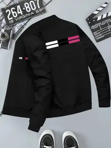 Modern Geometric Print Windproof Baseball Jacket, Loose-Fitting Long Sleeve Outerwear, Casual H-Type Silhouette, All Seasons Wear