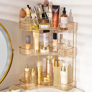 Corner Bathroom Counter Organizer, Vanity Trays for Bathroom, Skincare Makeup Organizer Shelf, Shelf Cosmetics, Toiletries, Lotions, Perfumes (3 Tiers, Amber)
