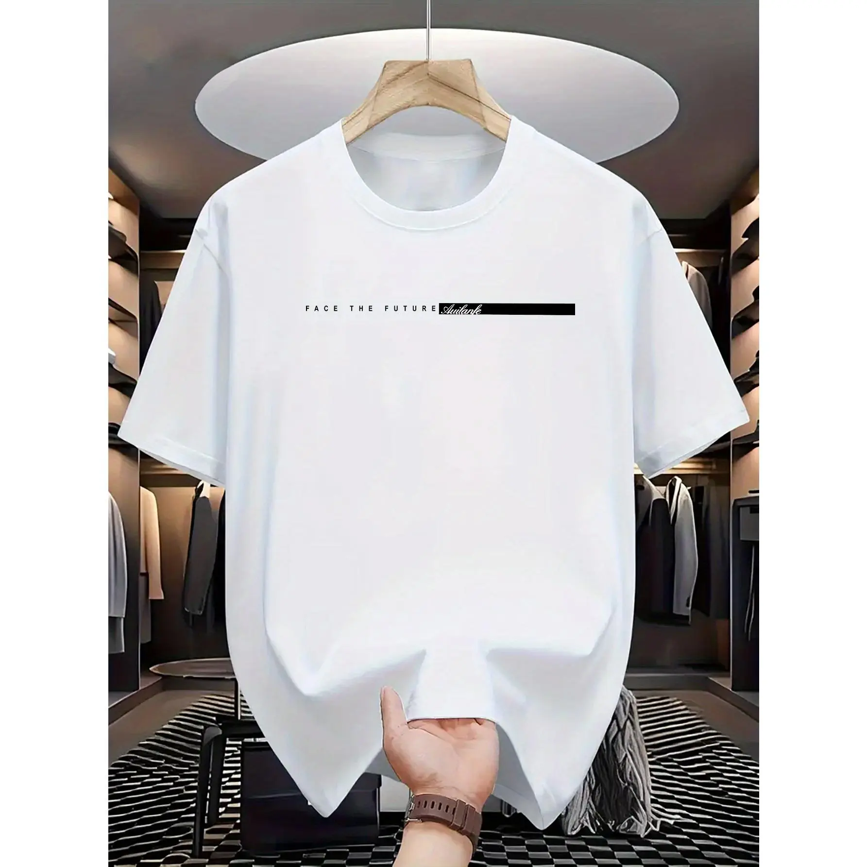 Menswear Oversized T-Shirt with "Face the Future" Graphic, Soft Stylish Shortsleeve Top for Streetwear, Clothes, Vibe, Natural, Simple, Hem, Comfy, Fabric