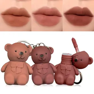 2 in 1 Key Chain Bear Lipstick Mist Matte Velvet Lipstick Waterproof Long Lasting Lip Gloss Cute Bear Makeup Plumping Lip Gloss, Moisturizing Lip Oil Gloss(6 Pack)