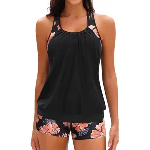 Two Piece Tankini Bathing Suits T-Back Blouson Swim Tops with Boy Shorts Women Swimsuits Sporty Swimwear