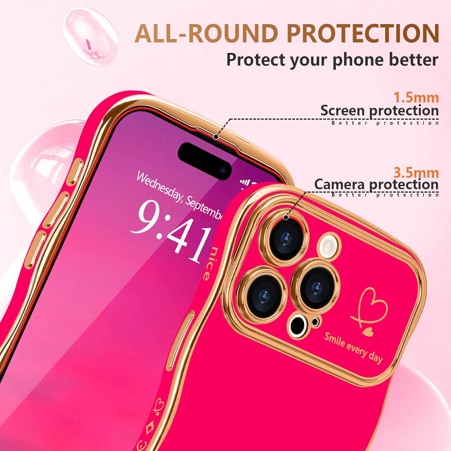 Cute Wave Shape with Love Heart Raised Camera Protection Phone case Accessories Durable Silicone Shiny Silicone Shiny Wavy Wireless