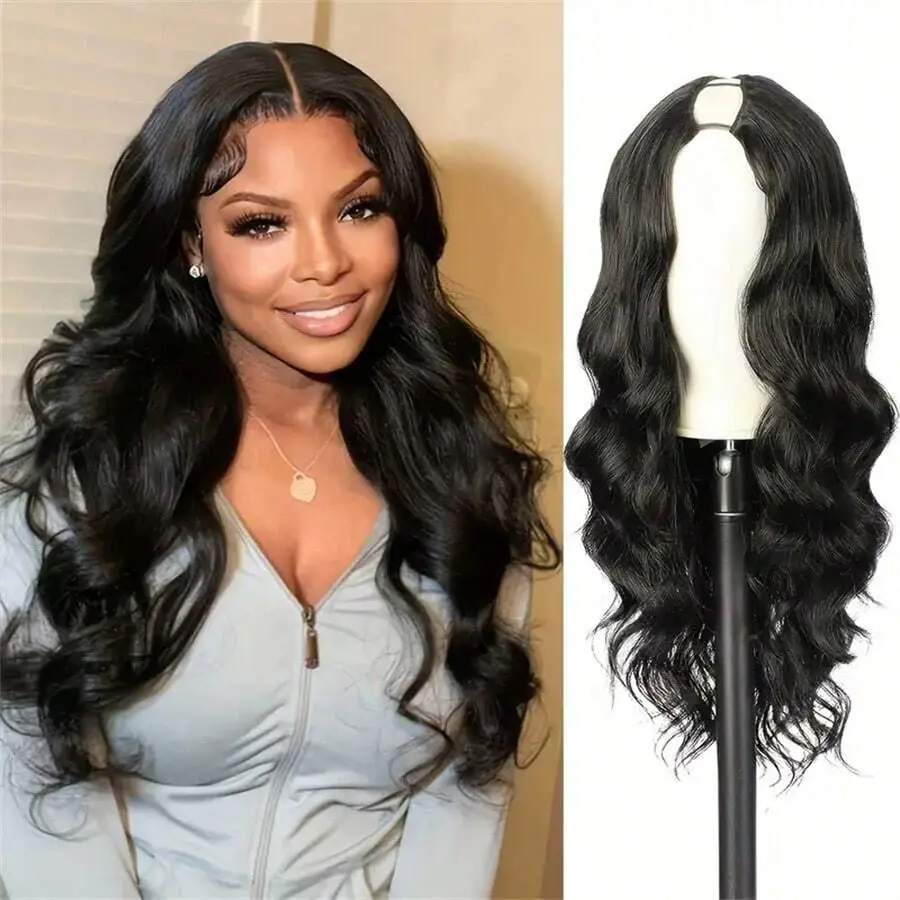 [V Part Drawstring Glueless Wig] MYLOCKME 180% Density V Part Wig Human Hair Body Wave Glueless Upgrade Wig with Drawstring Natural Black Color No Leave Out No Sew In V Shape Clip In Half Wig for Women Beginner Friendly