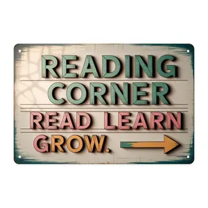 Reading Corner Vintage Retro Metal Sign Print Aesthetic Room Decoration for Home Bedroom Library Study Office Cafe Bar Bathroom Indoor Outdoor Wall Decor, 8 X 12 IN