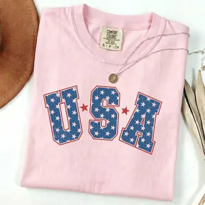 Comfort Colors Retro Star USA Graphic Tee for Women, Summer Crew Neck Short Sleeve, Machine Washable, Medium Fit, Graphic Tee for 4th of July - Womenswear Tshirt Top Casual
