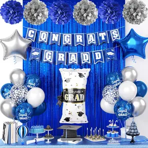Graduation Decorations Pink, Congrats GRAD Banner Paper Pompoms Blue Backdrop Silver Star Foil Balloons Navy Blue Latex Balloon for Graduation Class of 2026 Decorations