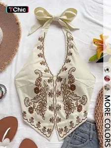 Vacation Style Embroidered Halter Neck Sleeveless Tank Top, Cropped Halter Top, Slim-Fitting V Neck Crop Top for Dates, Beach, and Music Festivals