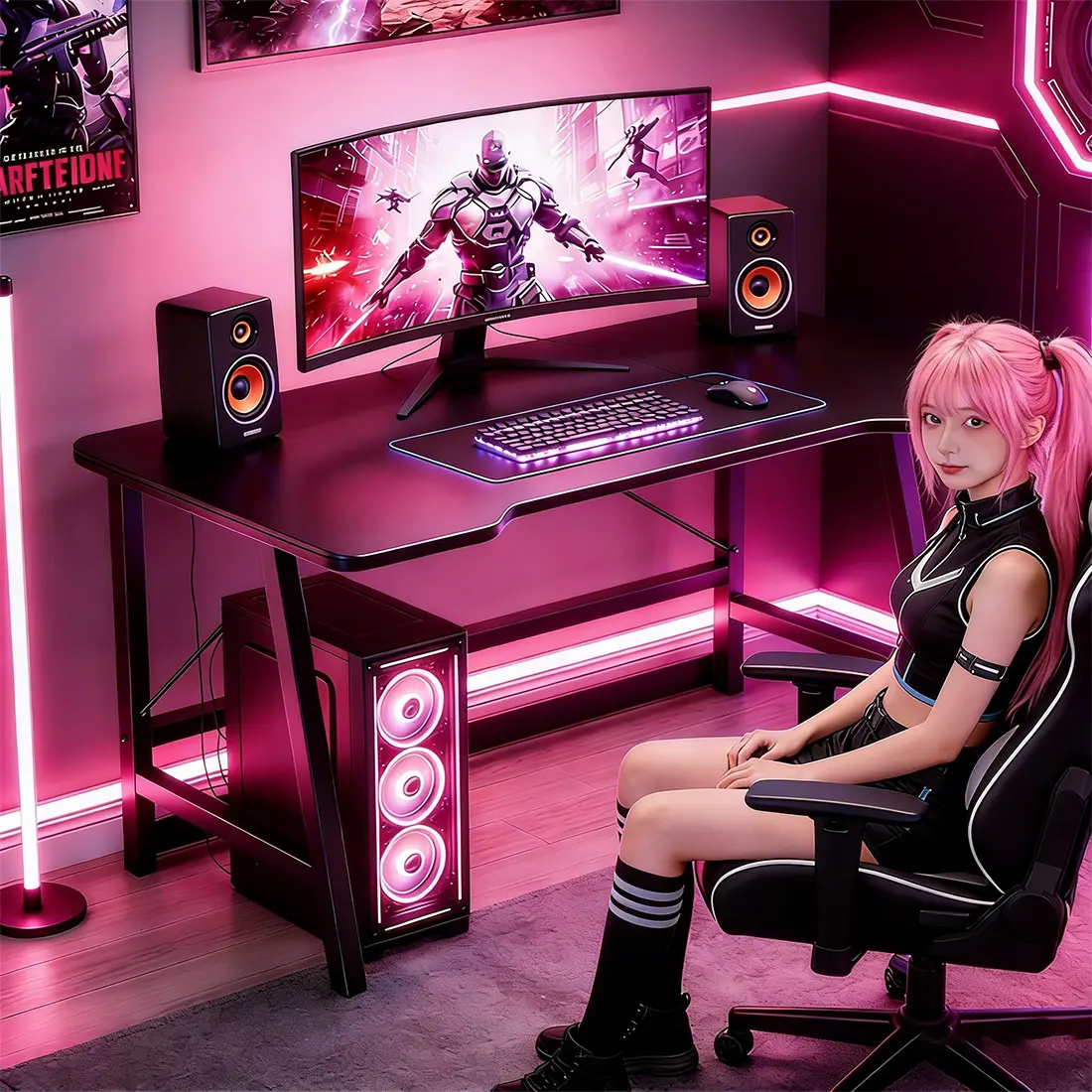 40-Inch Ergonomic A-Shape Carbon Fiber Gaming Desk - Desks for Gaming, Home Study Table, Compact Small Space Home Office Workstation with Cable Management, Black