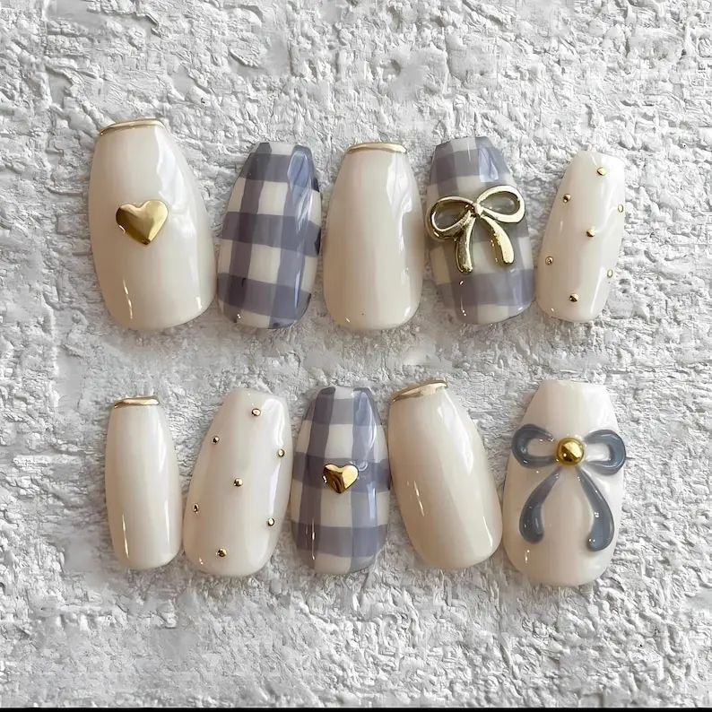 Gingham Press On Nails, Cute Bow Heart Fake Nails, Blue Plaid Nail Set, Handmade Square Nails, Girly Aesthetic Press On Nails