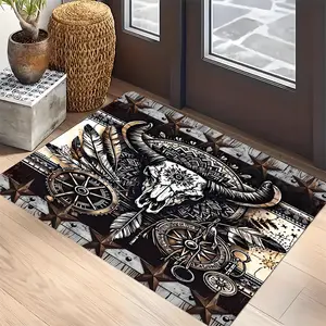 Retro Western Cowboy Skull Pattern Welcome Large Mat and Doormat, Non-Slip, Easy Clean, Machine Washable, Suitable for Living Room, Bedroom, Kitchen, Office, Indoor/Outdoor Entryway, Holiday Home Decor