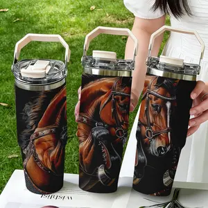 30oz Stainless Steel Handheld Water Bottle, Horse Print Design, Dual-Layer Vacuum Insulated Thermal Flask, Portable Travel Mug with Lid, Gift for Parents