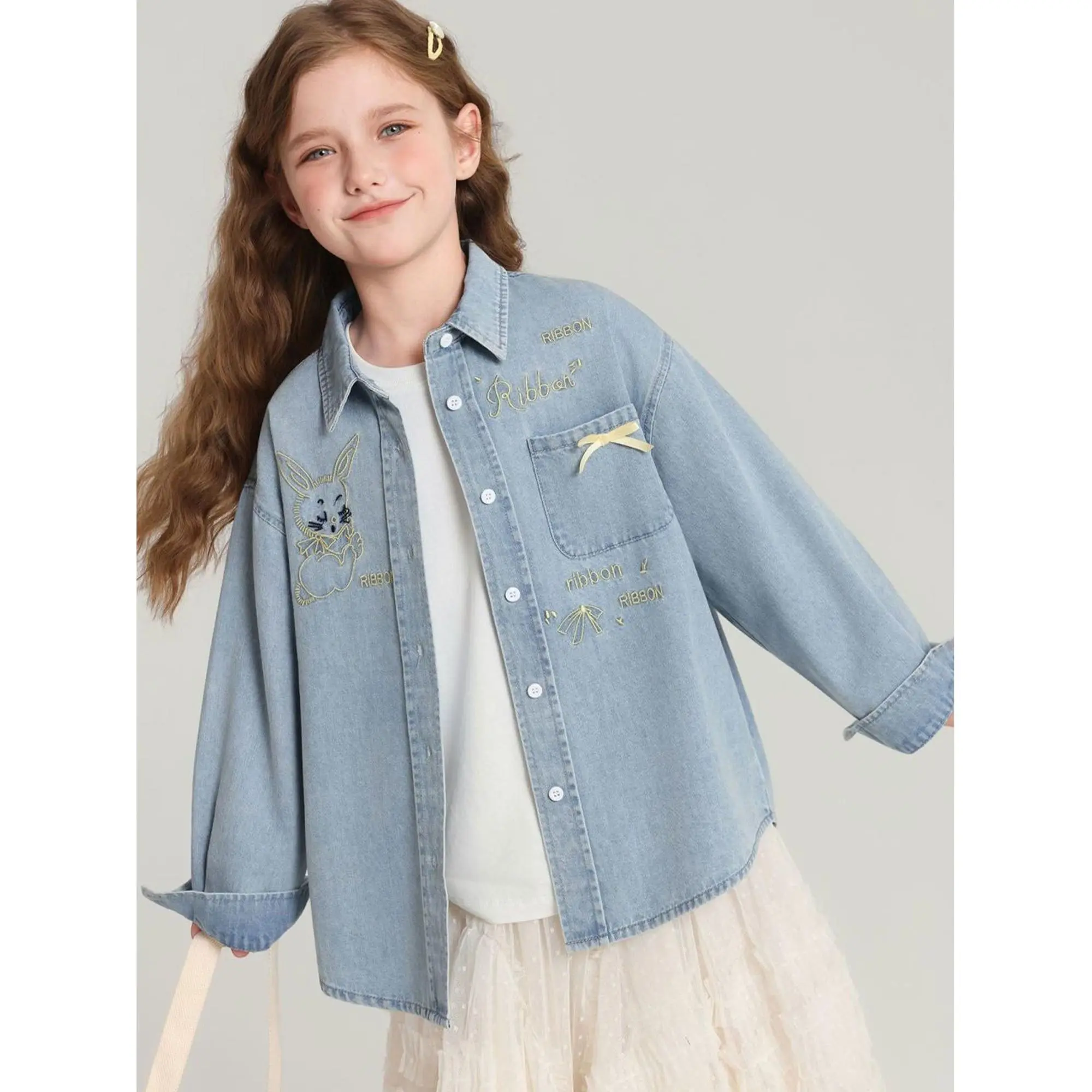 Girls' Loose Fit Denim Jacket 2026 - Embroidered Pockets, Bow Details, Light Distressed, Washable, Single-Breasted Button Closure, Long Sleeve, Casual Lapel, Denim Blend, Prop 65 Safe Fall Winter Outerwear for School Playdates, School Wear