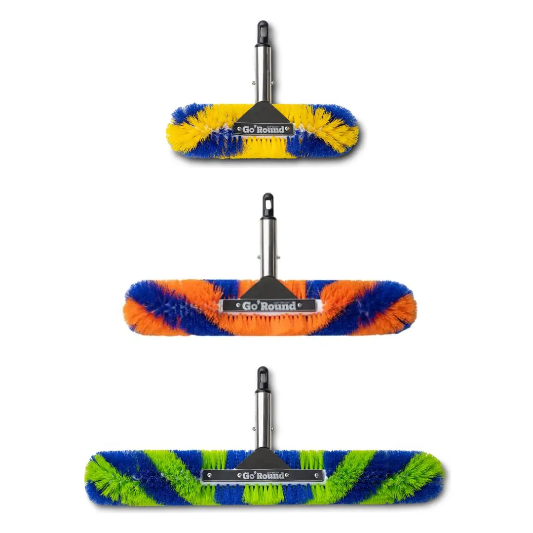 Go'Round 360° Rotation Pro Pool Brush - Multi-Size Set (12in/18in/24in), Resilient Bristles, Algae Removal, Home Cleaner Accessory for Tools & Attachments, Pool Supply