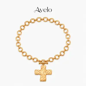 Women's Vintage Gold Cross Necklace - Chunky Chain, Textured Embossed Pendant, Gold Details, Large Statement Jewelry for Cross Statement Necklaces Enthusiasts, Embossed Cross Necklaces