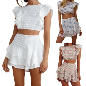 2pcs Women Summer Outfits Floral Print Cutout Crop Fly Sleeves Tops And Mini Layered Ruffles Skort Set