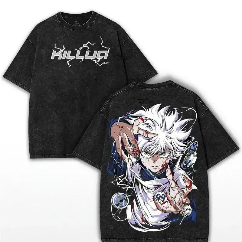 Killua Zoldyck Hunter x Hunter Oversized Washed Short-Sleeve Cotton Tshirt - Double-Printed Men's Top, Anime Apparel for TikTok Otaku Fans, Shortsleeve, Seamless, Clothes, Fabric