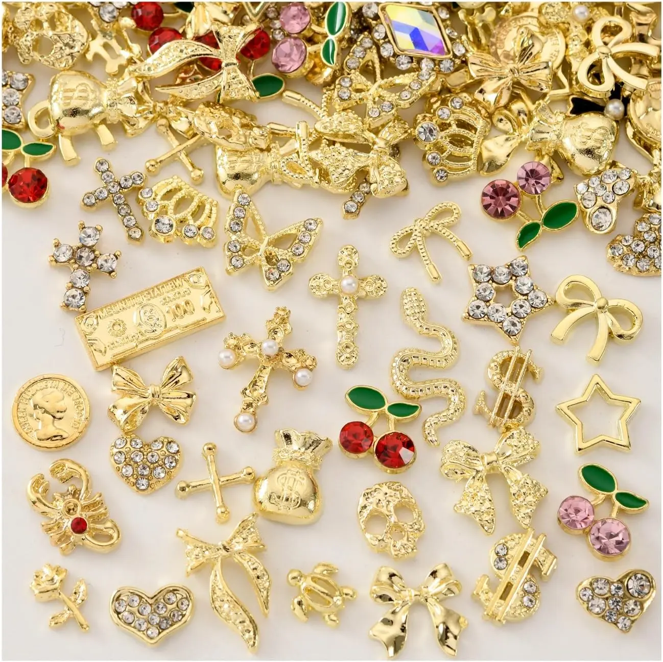 100Pcs Gold Nail Charms and Gems Charms for Nails Design Gold Charms for Nails Metal Bow Cherry Butterfly Cross Heart Star and Flowers Nail Art Supply Manicure Nail Art