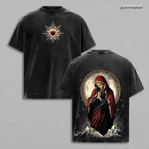 Sacred Heart Virgin Mary Oversized Tee: Vintage Washed Black Faithcore Shirt Round Neck Menswear